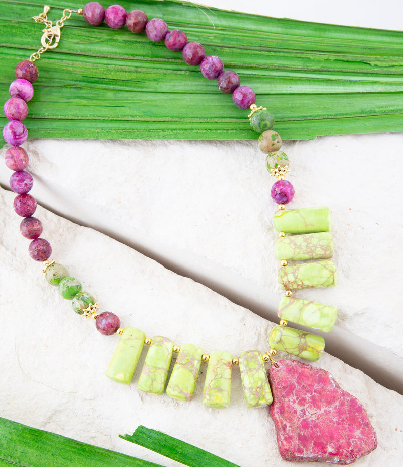 Green and Pink Jasper Golden Pendant Necklace - Barse Jewelry