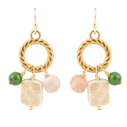 Green Jade and Pink Sunstone Golden Drop Earrings - Barse Jewelry