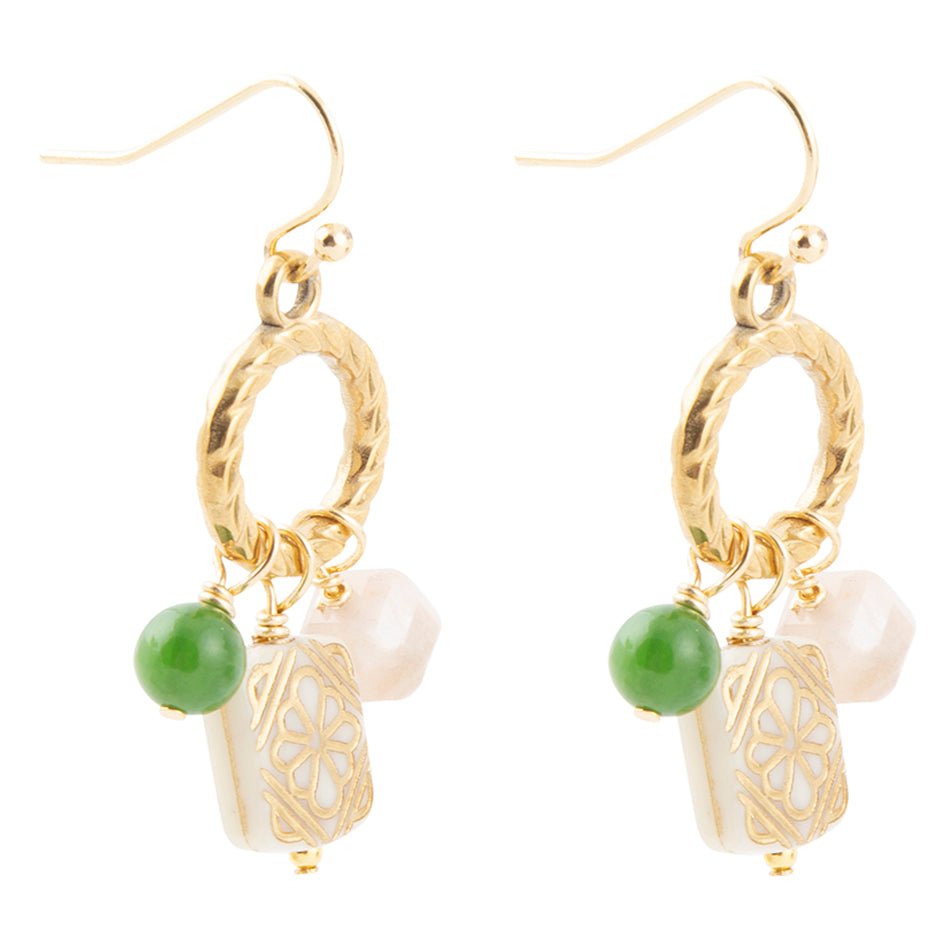 Green Jade and Pink Sunstone Golden Drop Earrings - Barse Jewelry