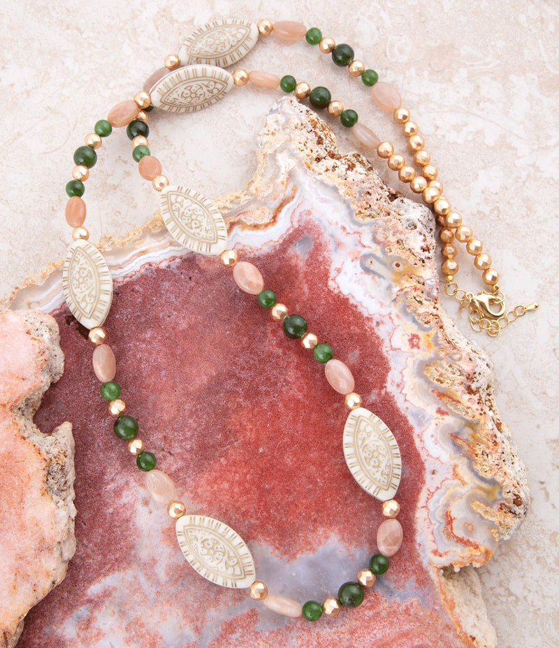 Green Jade and Pink Sunstone Golden Necklace - Barse Jewelry