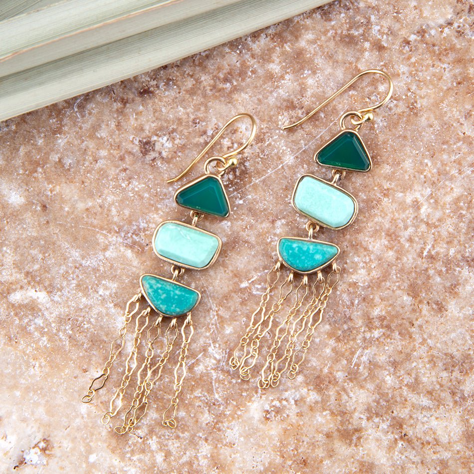 Green Multi Stone Golden Drop Earrings - Barse Jewelry
