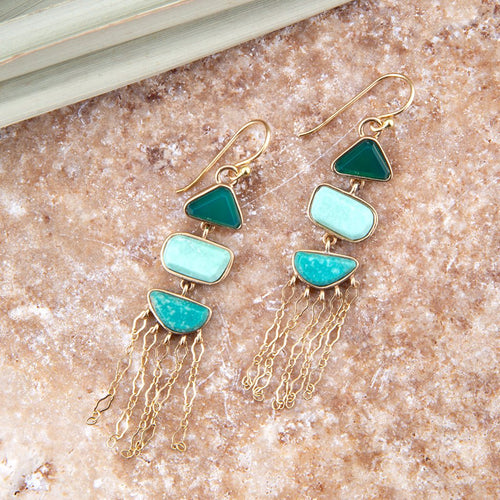 Green Multi Stone Golden Drop Earrings - Barse Jewelry