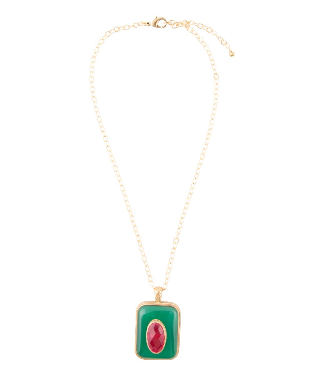 Green Onyx Stacked Red Quartz Golden Pendant Necklace - Barse Jewelry