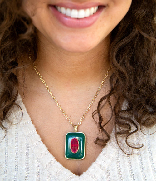 Green Onyx Stacked Red Quartz Golden Pendant Necklace - Barse Jewelry