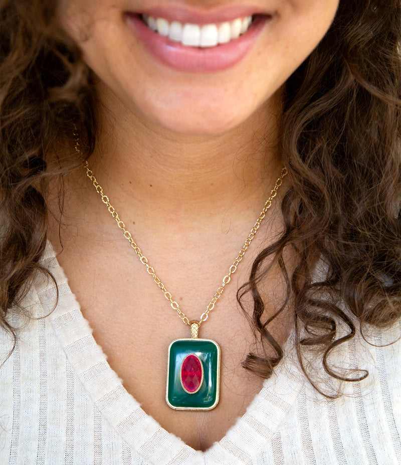 Green Onyx Stacked Red Quartz Golden Pendant Necklace - Barse Jewelry