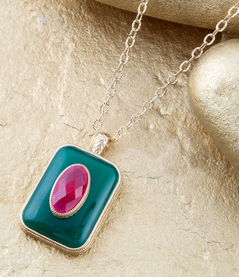 Green Onyx Stacked Red Quartz Golden Pendant Necklace - Barse Jewelry