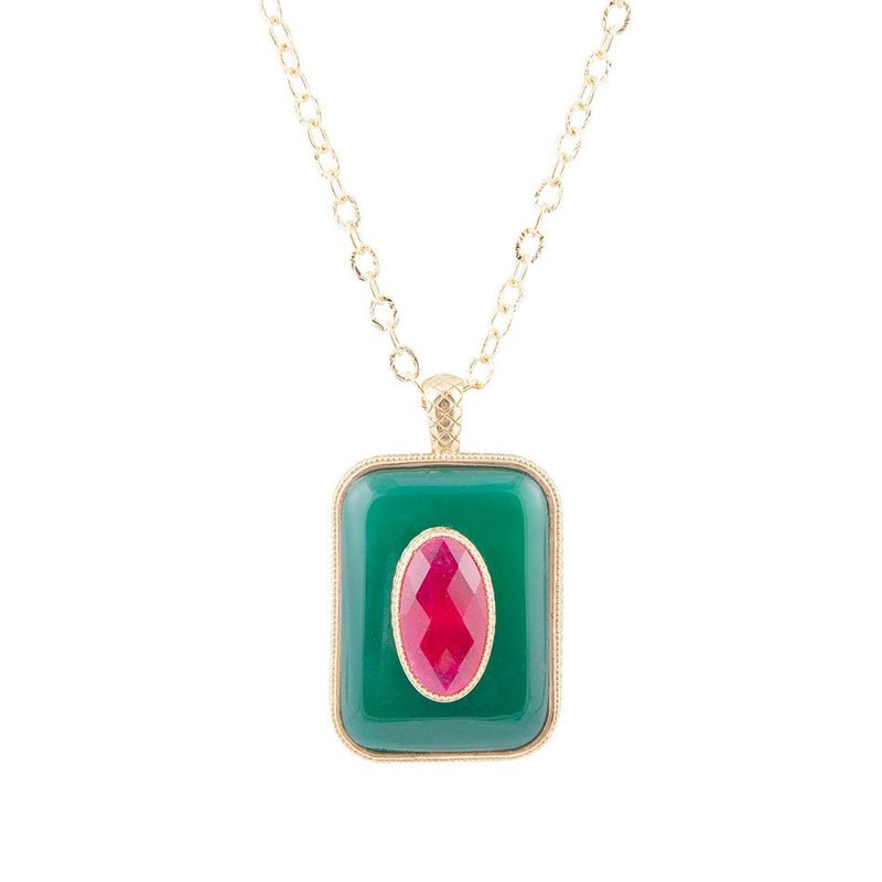 Green Onyx Stacked Red Quartz Golden Pendant Necklace - Barse Jewelry