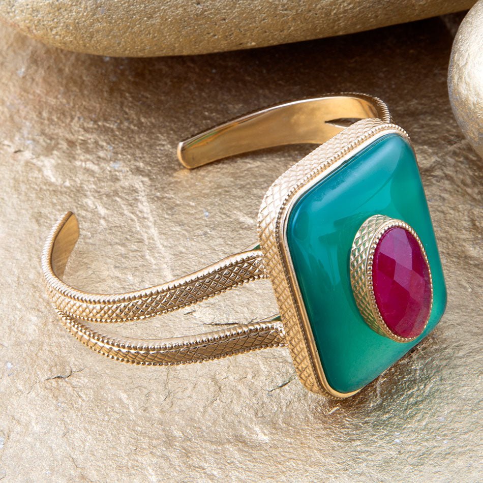 Green Onyx Stacked Red Stone Golden Cuff Bracelet - Barse Jewelry