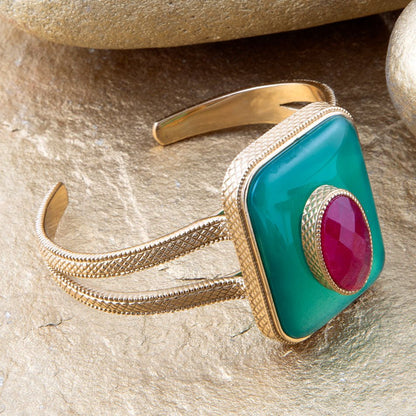 Green Onyx Stacked Red Stone Golden Cuff Bracelet - Barse Jewelry