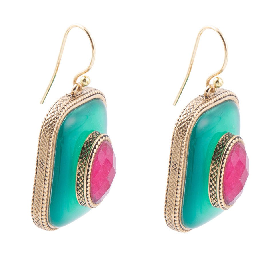 Green Onyx Stacked Red Stone Golden Drop Earrings - Barse Jewelry