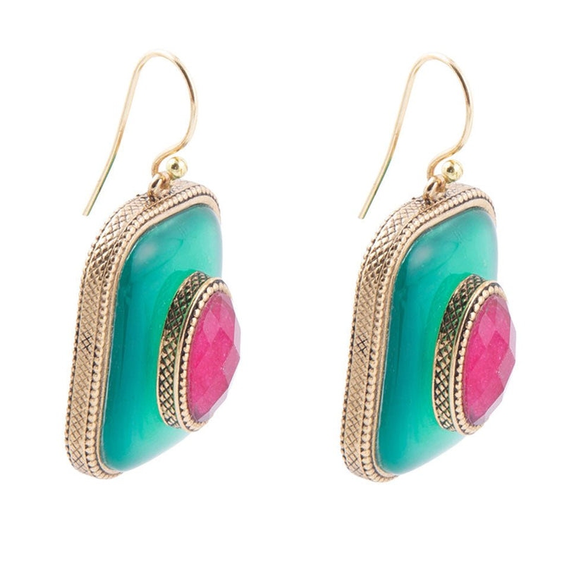 Green Onyx Stacked Red Stone Golden Drop Earrings - Barse Jewelry