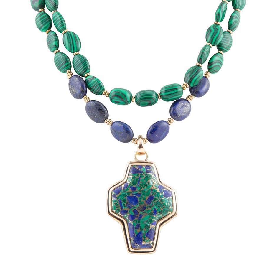 Green Synth Malachite Azurite Cross Statement Golden Necklace - Barse Jewelry