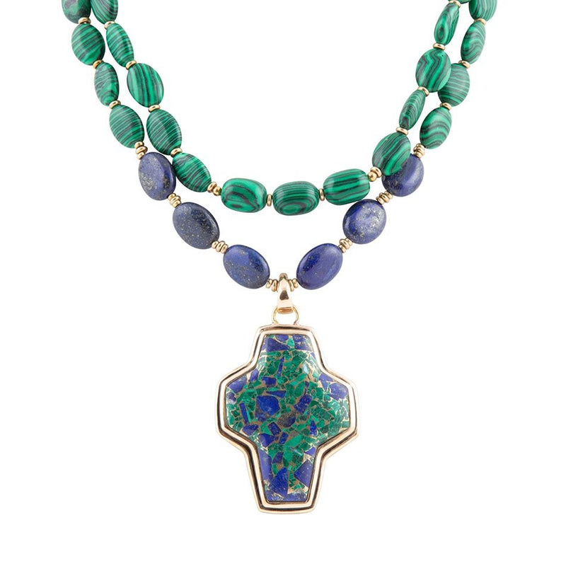 Green Synth Malachite Azurite Cross Statement Golden Necklace - Barse Jewelry