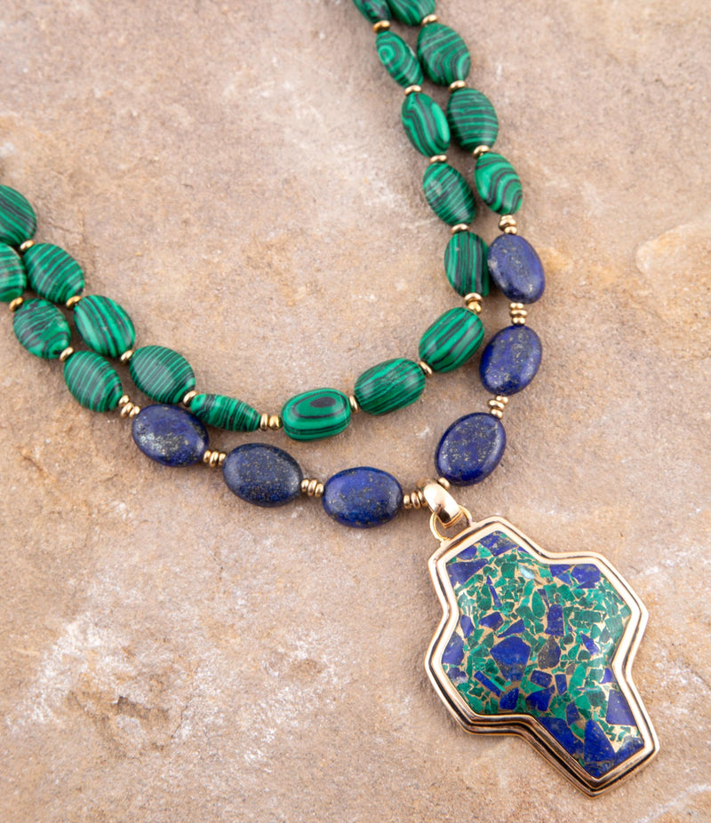 Green Synth Malachite Azurite Cross Statement Golden Necklace - Barse Jewelry
