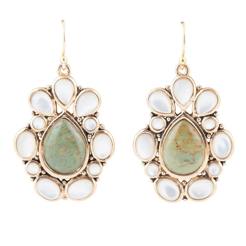 Green Turquoise and White Mother of Pearl Golden Bronze Drop Earrings - Barse Jewelry