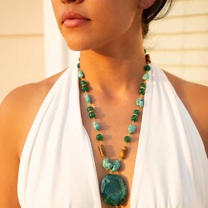 Grotto Green Agate Pendant Golden Necklace - Barse Jewelry