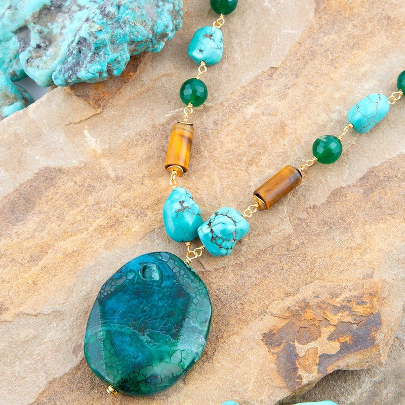 Grotto Green Agate Pendant Golden Necklace - Barse Jewelry