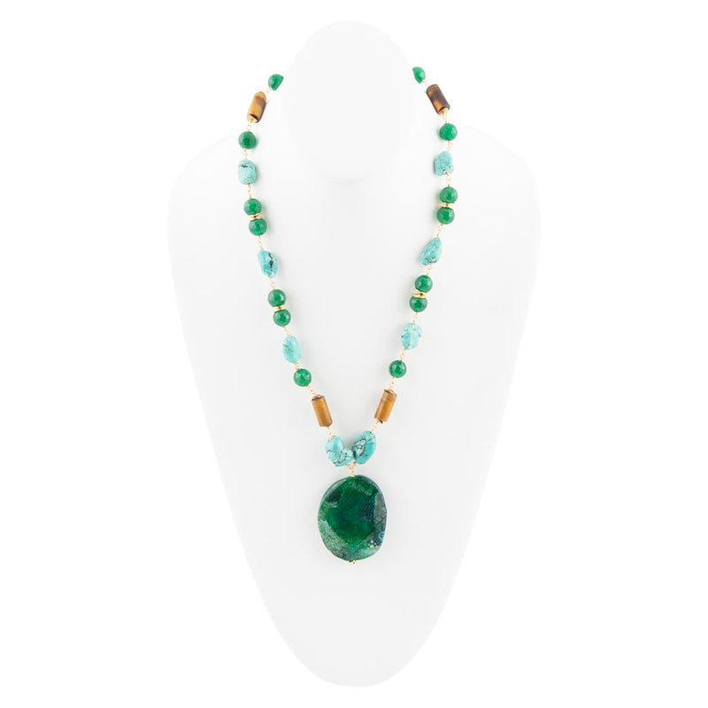 Grotto Green Agate Pendant Golden Necklace - Barse Jewelry