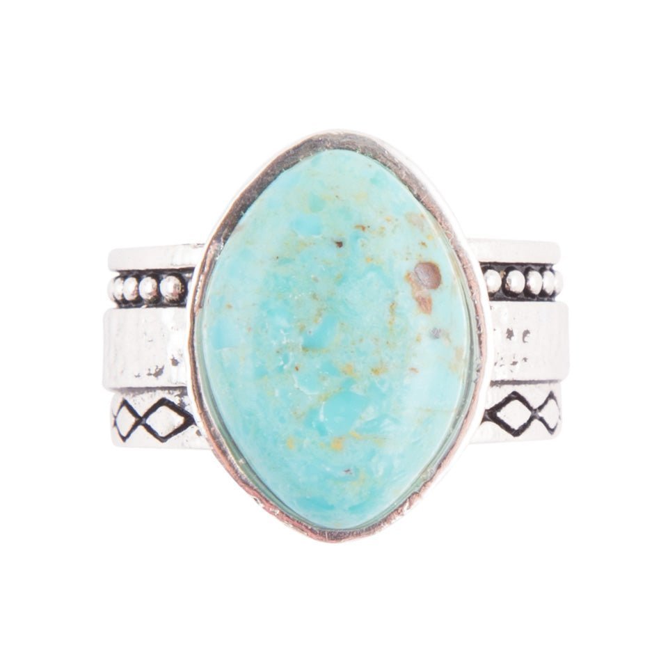 Turquoise stone ring with silver band on a white background