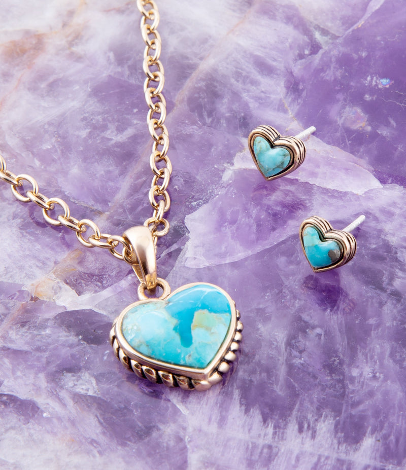 Heart Blue Turquoise Golden Stud Earrings - Barse Jewelry