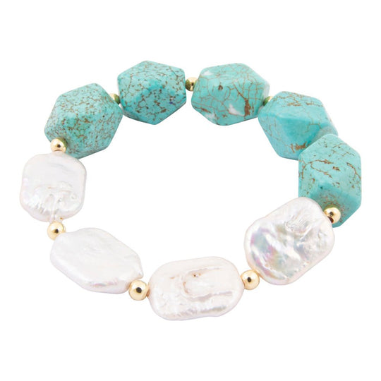 Hepburn Blue Magnesite and Pearl Golden Chunky Stretch Bracelet