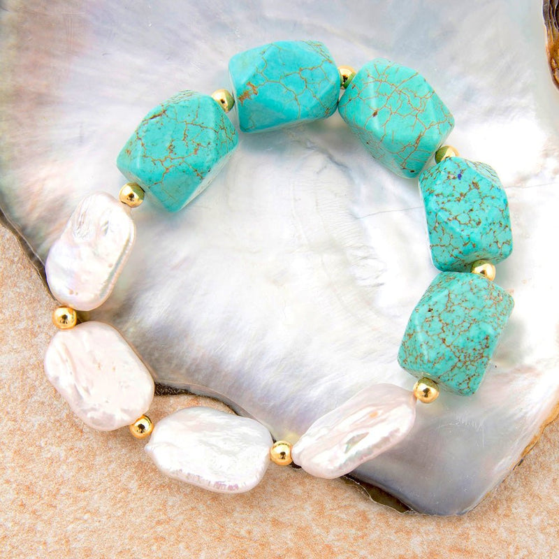 Hepburn Blue Magnesite and Pearl Golden Chunky Bracelet - Barse Jewelry