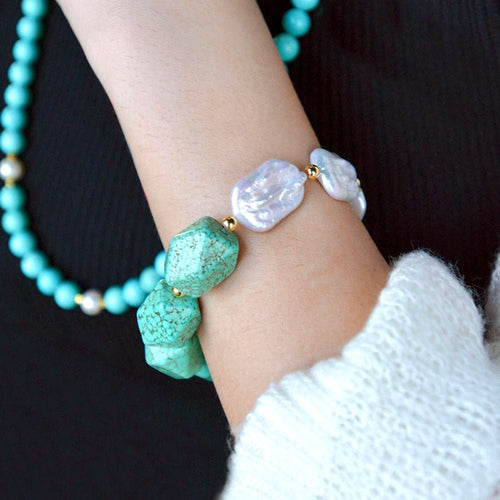 Hepburn Blue Magnesite and Pearl Golden Chunky Bracelet - Barse Jewelry