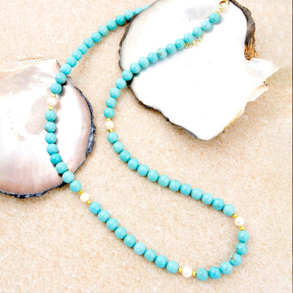 Hepburn Pearl and Blue Magnesite Long Golden Necklace - Barse Jewelry