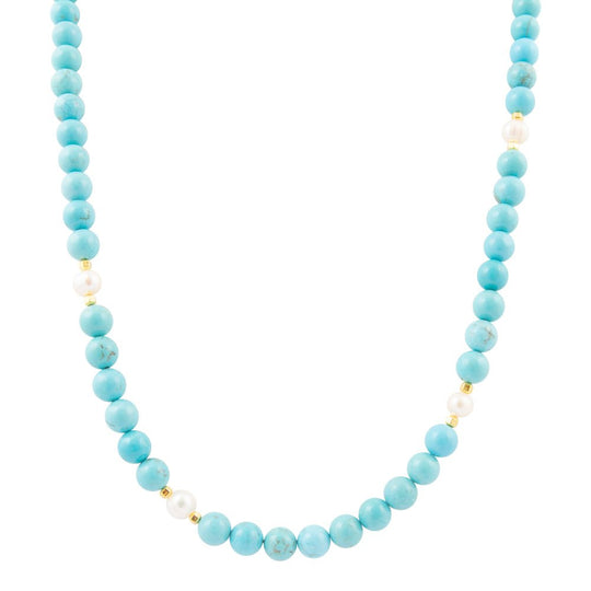 Hepburn Pearl and Blue Magnesite Long Golden Necklace