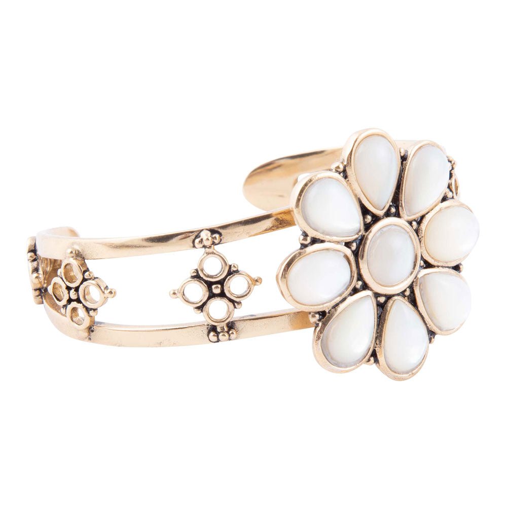 Hibiscus White Mother of Pearl and Golden Cuff Bracelet - Barse Jewelry