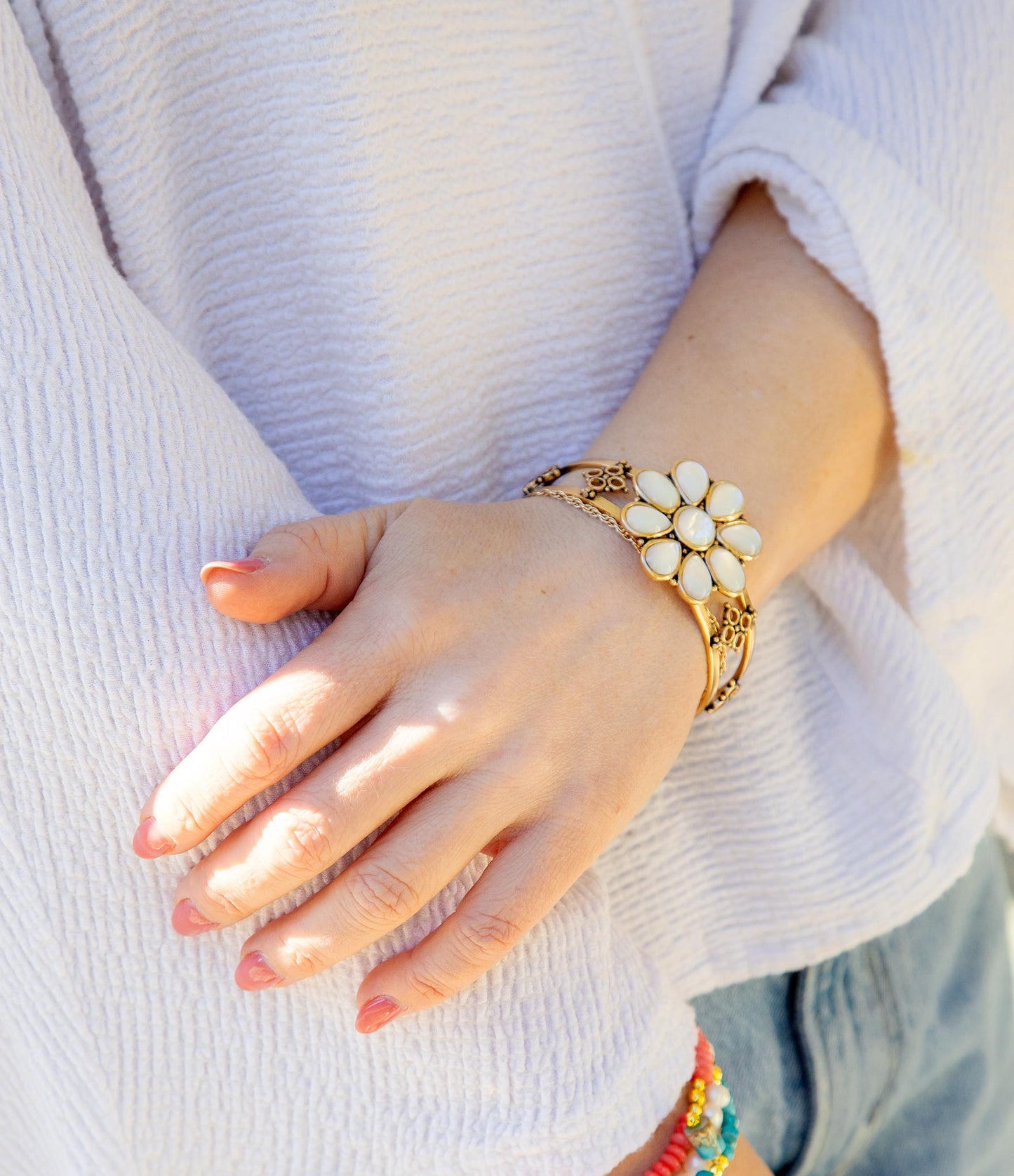 Hibiscus White Mother of Pearl and Golden Cuff Bracelet - Barse Jewelry