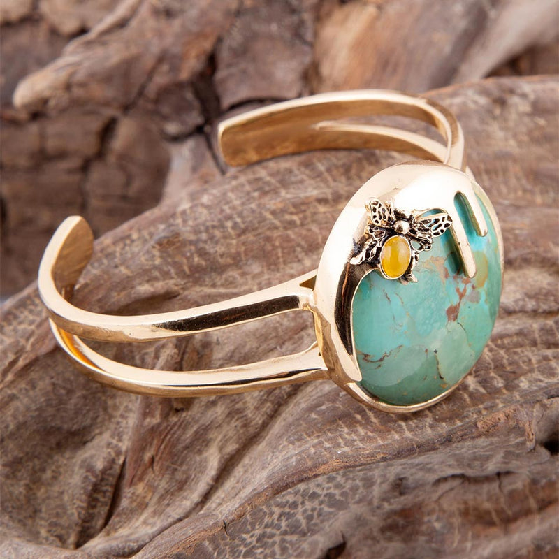 Honey Bee Blue Turquoise Golden Cuff Bracelet - Barse Jewelry