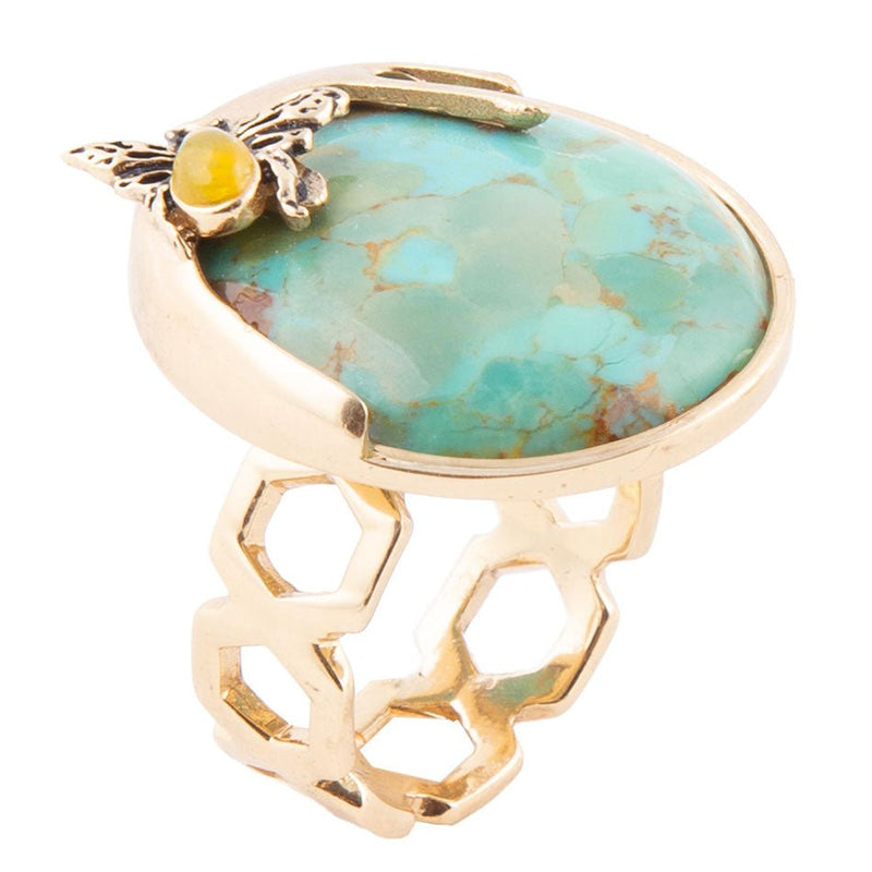 Honey Bee Blue Turquoise Golden Ring - Barse Jewelry