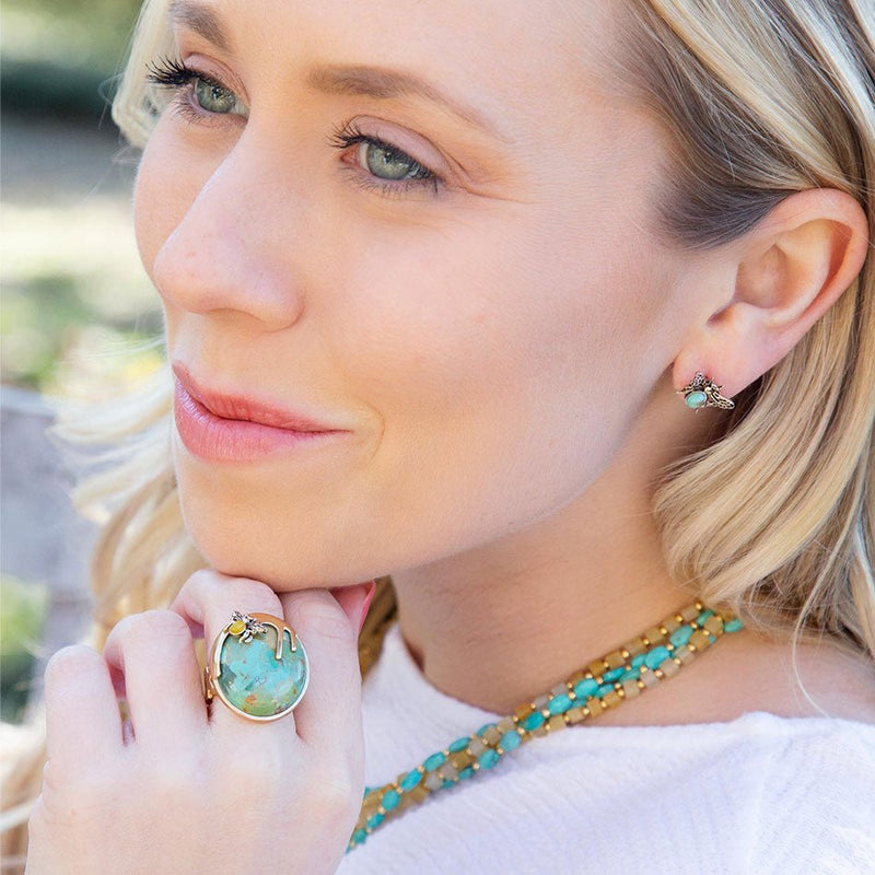 Honey Bee Blue Turquoise Golden Ring - Barse Jewelry