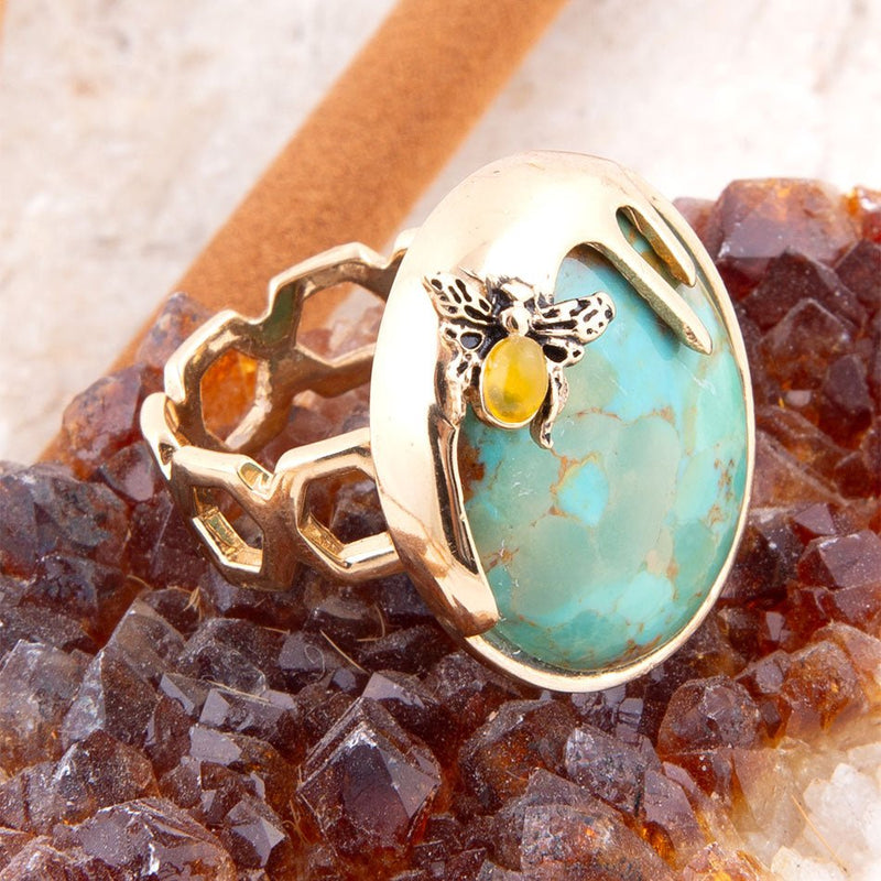 Honey Bee Blue Turquoise Golden Ring - Barse Jewelry