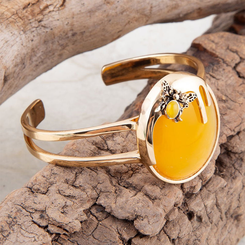 Honey Bee Yellow Agate Golden Cuff Bracelet - Barse Jewelry