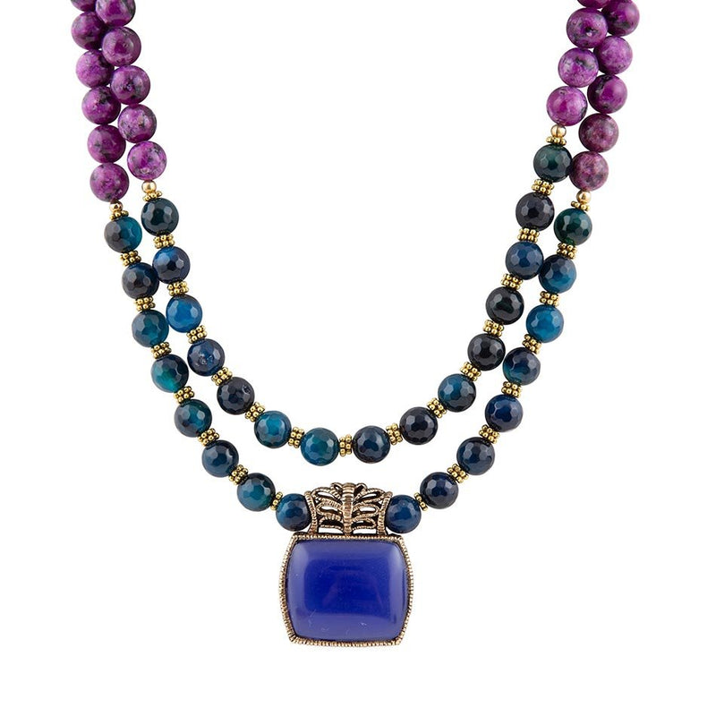 Indigo Blue Agate Pendant Statemen Golden Necklace - Barse Jewelry