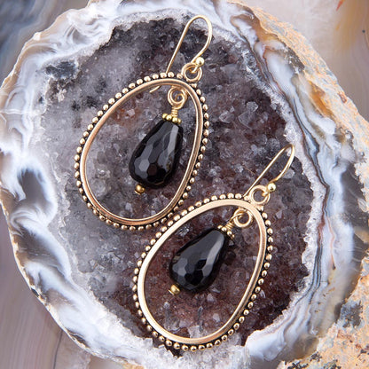 Inline Black Onyx Drop Golden Earrings - Barse Jewelry