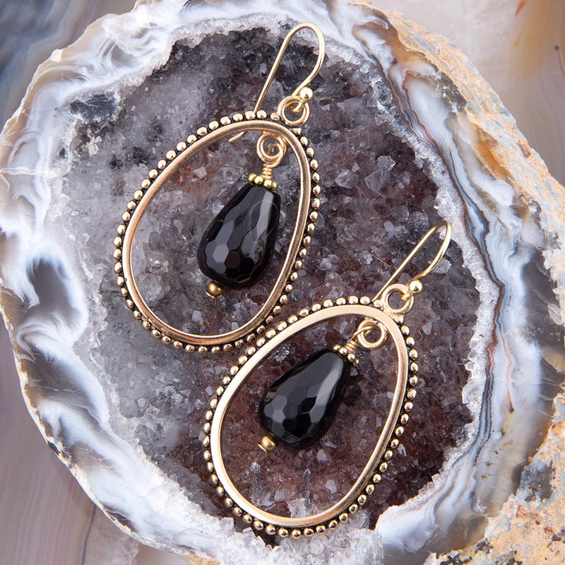 Inline Black Onyx Drop Golden Earrings - Barse Jewelry