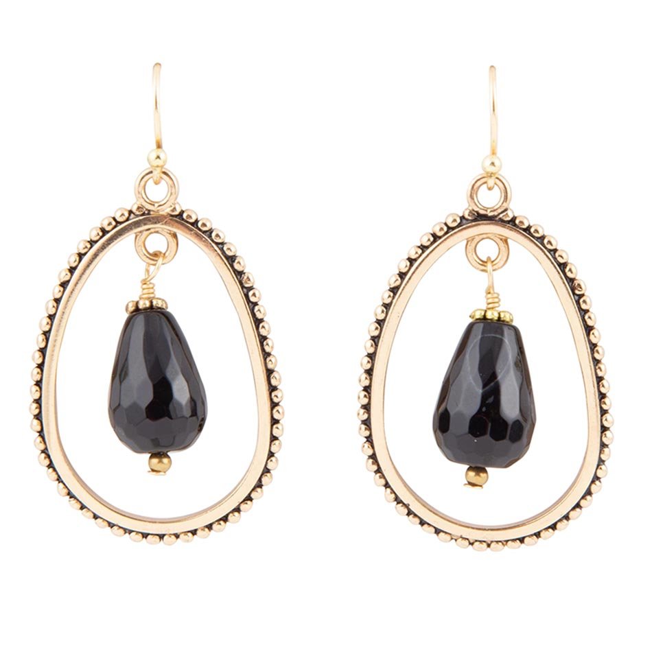 Inline Black Onyx Drop Golden Earrings - Barse Jewelry