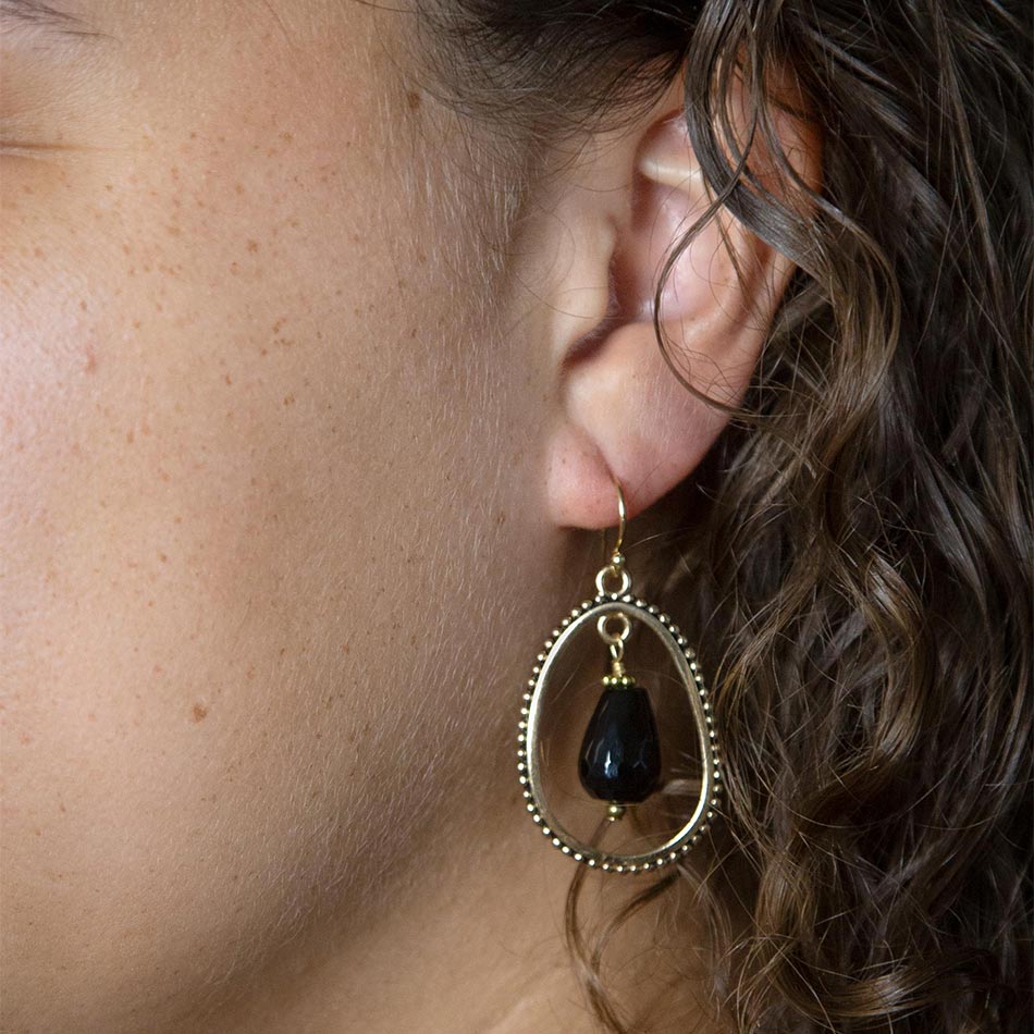 Inline Black Onyx Drop Golden Earrings - Barse Jewelry