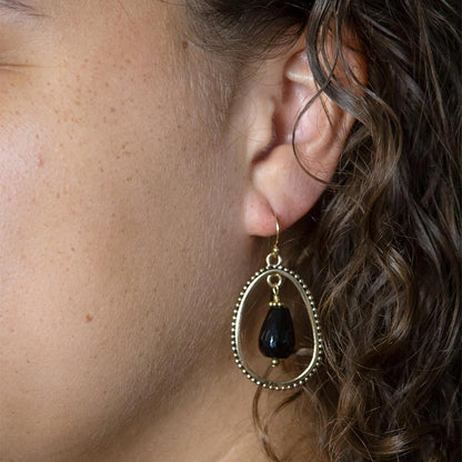 Inline Black Onyx Drop Golden Earrings - Barse Jewelry