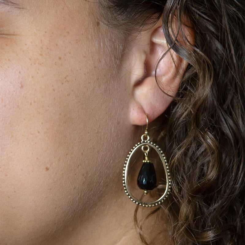 Inline Black Onyx Drop Golden Earrings - Barse Jewelry