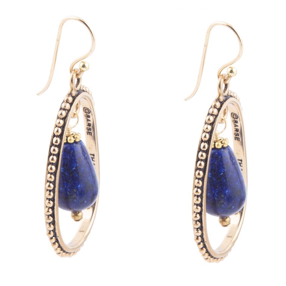 Inline Blue Lapis Drop Golden Earrings - Barse Jewelry