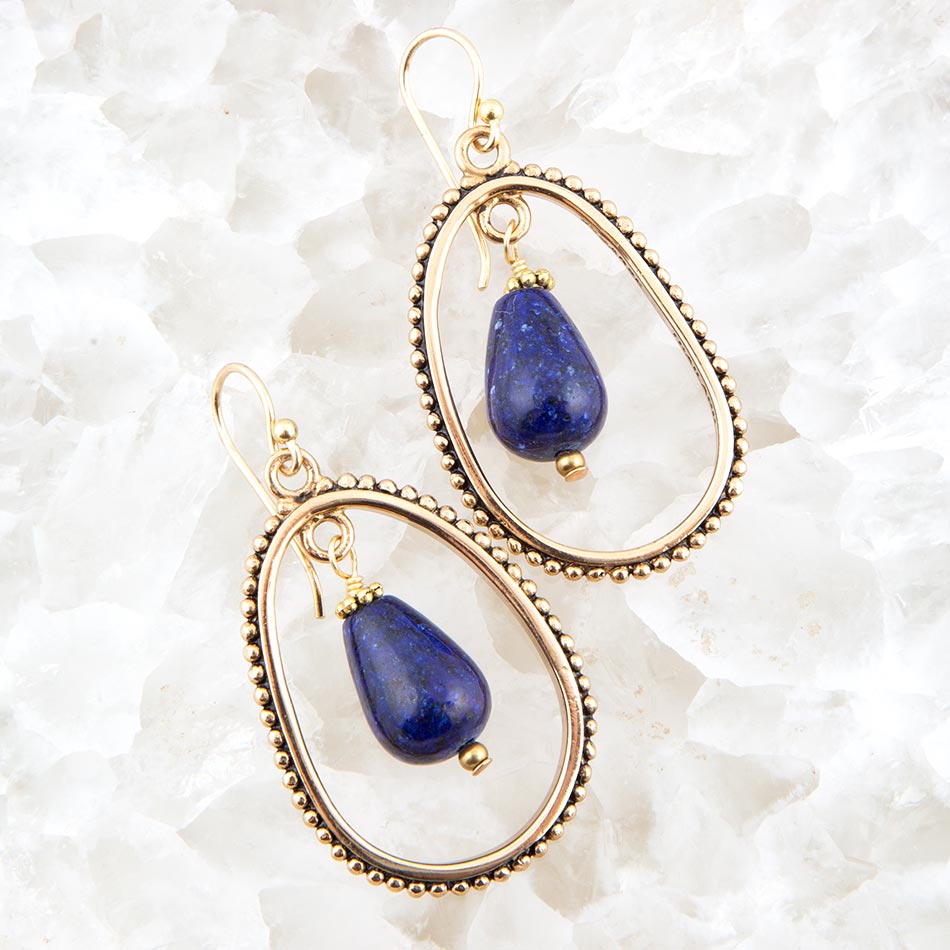 Inline Blue Lapis Drop Golden Earrings - Barse Jewelry