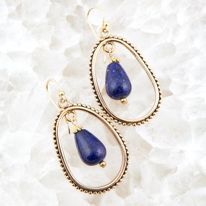 Inline Blue Lapis Drop Golden Earrings - Barse Jewelry