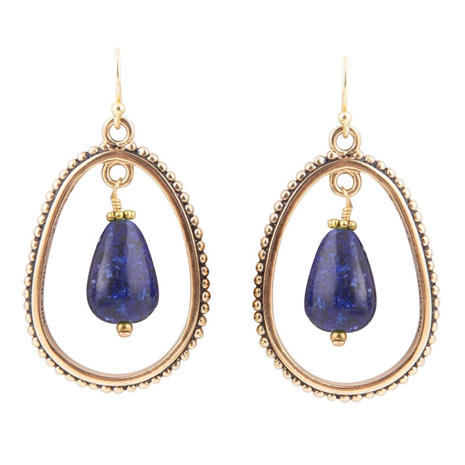 Inline Blue Lapis Drop Golden Earrings - Barse Jewelry