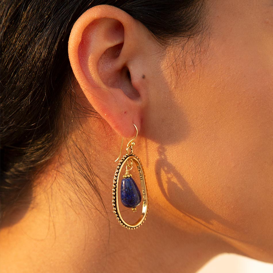 Inline Blue Lapis Drop Golden Earrings - Barse Jewelry