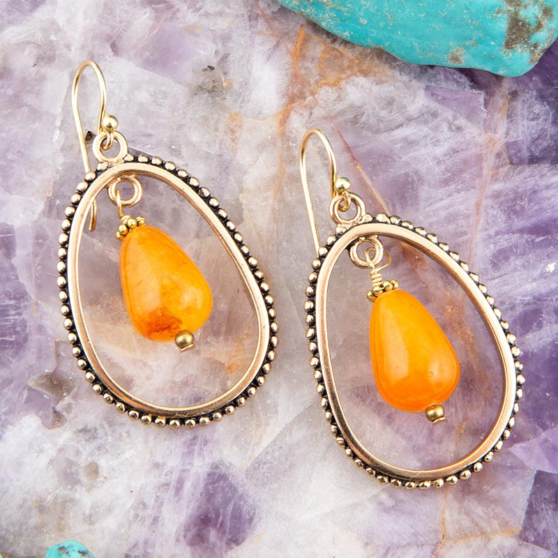 Inline Orange Jade Drop Golden Earrings - Barse Jewelry