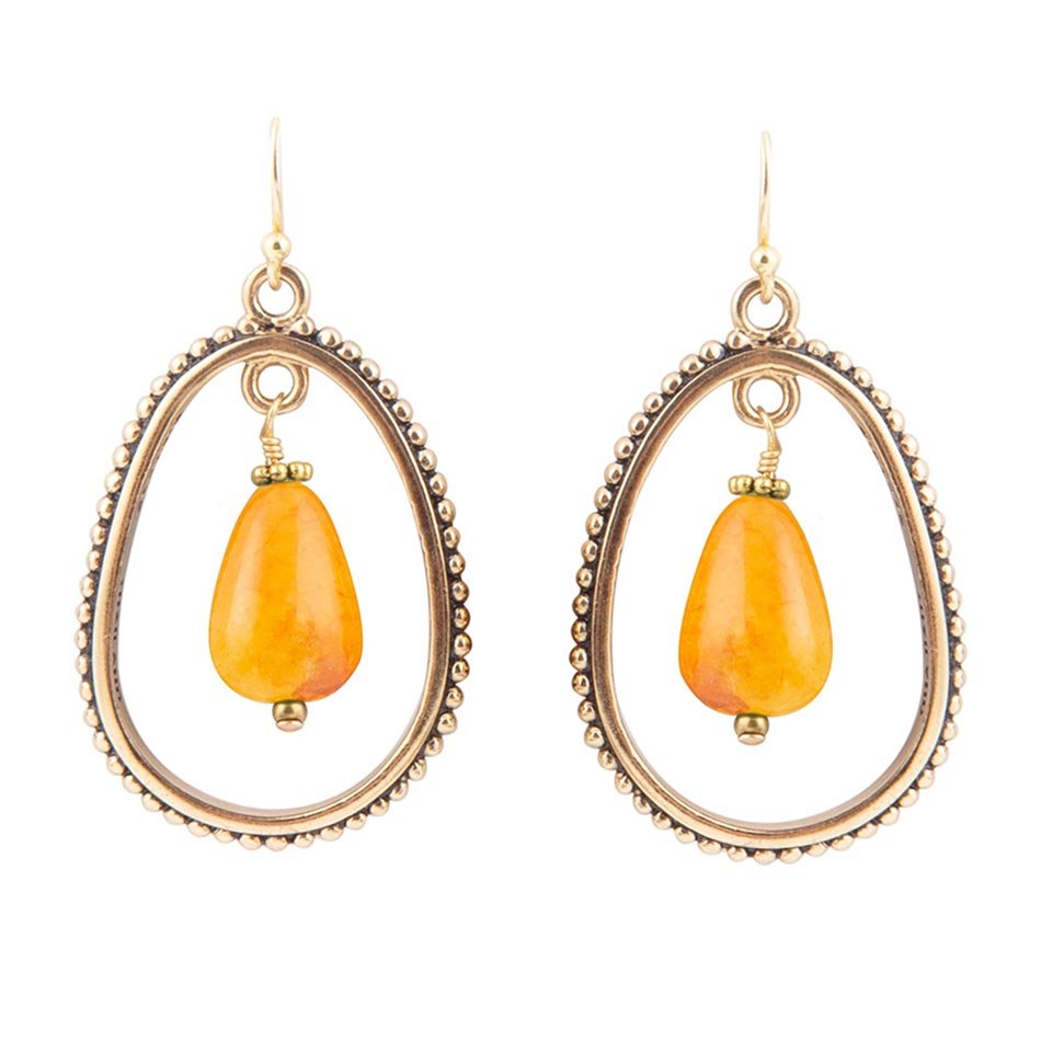 Inline Orange Jade Drop Golden Earrings - Barse Jewelry